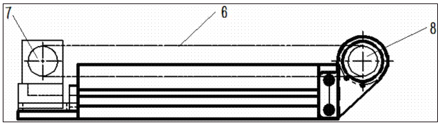 新型從動輪漲緊裝置  【申請公布號：CN108796873A；申請權(quán)利人：天津?qū)氂娔X機(jī)械有限公司;發(fā)明設(shè)計人：劉川;】  摘要：  本發(fā)明公開了新型從動輪漲緊裝置，包括從動輪座、漲緊螺釘、底座、深溝球軸承和軸套、導(dǎo)軌座、從動輪、主動輪、同步帶；其特征在于：所述的動輪座、深溝球軸承、軸套以及螺釘組成了新型從動輪漲緊裝置；該裝置保證了主動輪與從動輪保持在同一水平面，并采用深溝球軸承加軸套并安裝在從動輪座上，從而增加的軸承的使用壽命，同時也方便了維修；新型的從動輪漲緊裝置很好的解決了這兩個問題，同時也使得繡花機(jī)在繡做時繡框運(yùn)動的穩(wěn)定性能，提高了繡品的質(zhì)量。   主權(quán)項(xiàng)：  1.一種新型從動輪漲緊裝置，包括從動輪座、漲緊螺釘、底座、深溝球軸承和軸套、導(dǎo)軌座、從動輪、主動輪、同步帶；其特征在于：所述的動輪座、深溝球軸承、軸套以及螺釘組成了新型從動輪漲緊裝置；所述的底座通過固定螺栓與導(dǎo)軌座連接，所述的從動輪安裝在從動輪座上；所述的深溝球軸承加軸套安裝在從動輪座上，增加軸承的使用壽命，同時也方便了維修；調(diào)節(jié)漲緊時首先將緊定螺釘松開，然后調(diào)節(jié)漲緊螺釘，待同步帶調(diào)至滿足要求后，擰緊緊定螺釘即可。   要求：  1.一種新型從動輪漲緊裝置，包括從動輪座、漲緊螺釘、底座、深溝球軸承和軸套、導(dǎo)軌座、從動輪、主動輪、同步帶；其特征在于：所述的動輪座、深溝球軸承、軸套以及螺釘組成了新型從動輪漲緊裝置；所述的底座通過固定螺栓與導(dǎo)軌座連接，所述的從動輪安裝在從動輪座上；所述的深溝球軸承加軸套安裝在從動輪座上，增加軸承的使用壽命，同時也方便了維修；調(diào)節(jié)漲緊時首先將緊定螺釘松開，然后調(diào)節(jié)漲緊螺釘，待同步帶調(diào)至滿足要求后，擰緊緊定螺釘即可。  2.根據(jù)權(quán)利要求1所述的新型從動輪漲緊裝置，其特征在于：所述的從動輪座與底座連接，調(diào)節(jié)漲緊時從動輪座在底座上水平移動來調(diào)節(jié)軸線間距，保證了同步帶漲緊后主動輪與從動輪軸線在同一水平面上。  新型從動輪漲緊裝置 技術(shù)領(lǐng)域  本發(fā)明屬于紡織行業(yè)中的刺繡機(jī)領(lǐng)域，具體涉及新型從動輪漲緊裝置。  背景技術(shù)  繡花機(jī)繡框驅(qū)動導(dǎo)軌同步帶漲緊一般通過調(diào)整從動輪來實(shí)現(xiàn)；從動輪的調(diào)整一般是通過調(diào)整從動輪漲緊座與水平方向的角度來實(shí)現(xiàn)從動輪與主動輪中心距的改變從而達(dá)到同步帶漲緊的目的；這樣皮帶漲緊后主動輪與從動輪軸線不能保證在同一水平面上，導(dǎo)致運(yùn)動過程中導(dǎo)軌滑塊受力不均、易發(fā)生磨損；同時從動輪轉(zhuǎn)動是通過壓在從動輪內(nèi)的兩個滾針軸承和漲緊軸來實(shí)現(xiàn)的，因皮帶漲緊后輪受到的力很大，大大縮短了滾針軸承的使用壽命；新型的從動輪漲緊裝置很好的解決了這兩個問題，同時也使得繡花機(jī)在繡做時繡框運(yùn)動的穩(wěn)定性能，提高了繡品的質(zhì)量。  發(fā)明內(nèi)容  為了克服上述現(xiàn)有技術(shù)的不足，本發(fā)明一種新型從動輪漲緊裝置，該裝置保證了主動輪與從動輪保持在同一水平面，并能增加軸承的使用壽命，同時也方便了維修。  本發(fā)明所采用的技術(shù)方案是：新型從動輪漲緊裝置，包括從動輪座、漲緊螺釘、底座、深溝球軸承和軸套、導(dǎo)軌座、從動輪、主動輪、同步帶；所述的動輪座、深溝球軸承、軸套以及螺釘組成了新型從動輪漲緊裝置；所述的底座通過固定螺栓與導(dǎo)軌座連接，底座與從動滾座設(shè)計時保證從動輪與主動輪的軸線在同一水平面上，調(diào)節(jié)漲緊時從動輪座在底座上水平移動來調(diào)節(jié)軸線間距，保證了同步帶漲緊后主動輪與從動輪軸線在同一水平面上；將原來安裝在從動輪內(nèi)的滾針軸承改為深溝球軸承加軸套并安裝在從動輪座上，從而增加的軸承的使用壽命，同時也方便了維修。調(diào)節(jié)漲緊時首先將緊定螺釘松開，然后調(diào)節(jié)漲緊螺釘，待同步帶調(diào)至滿足要求后，擰緊緊定螺釘即可。  與現(xiàn)有技術(shù)相比，本發(fā)明的有益效果是：新型從動輪漲緊裝置，保證了主動輪與從動輪保持在同一水平面，并采用深溝球軸承加軸套并安裝在從動輪座上，從而增加的軸承的使用壽命，同時也方便了維修；新型的從動輪漲緊裝置很好的解決了這兩個問題，同時也使得繡花機(jī)在繡做時繡框運(yùn)動的穩(wěn)定性能，提高了繡品的質(zhì)量。  附圖說明  圖1 是新型從動輪漲緊裝置局部示意圖；  圖2 是新型從動輪漲緊裝置示意圖。  1.從動輪座 2.漲緊螺釘 3.底座 4.深溝球軸承套 5.導(dǎo)軌座 6.同步帶 7.從動輪 8.主動輪。  具體實(shí)施方式  下面結(jié)合附圖對本發(fā)明進(jìn)一步說明：新型從動輪漲緊裝置，包括從動輪座1、漲緊螺釘2、底座3、深溝球軸承和軸套4、導(dǎo)軌座5、主動輪6、從動輪7、同步帶8；所述的從動輪座1、深溝球軸承和軸套4組成了新型從動輪漲緊裝置；所述的底座3通過固定螺栓與導(dǎo)軌座5連接，底座3與從動滾座1設(shè)計時保證從動輪7與主動輪6的軸線在同一水平面上，調(diào)節(jié)漲緊時從動輪座1在底座3上水平移動來調(diào)節(jié)軸線間距，保證了同步帶6漲緊后主動輪6與從動輪7軸線在同一水平面上；將原來安裝在從動輪7內(nèi)的滾針軸承改為深溝球軸承加軸套4并安裝在從動輪座1上，從而增加的軸承的使用壽命，同時也方便了維修；調(diào)節(jié)漲緊時首先將緊定螺釘松開，然后調(diào)節(jié)漲緊螺釘，待同步帶調(diào)至滿足要求后，擰緊緊定螺釘即可。  綜上所述，本發(fā)明的內(nèi)容并不局限在上述的實(shí)施例中，相同領(lǐng)域內(nèi)的有識之士可以在本發(fā)明的技術(shù)指導(dǎo)思想之內(nèi)可以輕易提出其他的實(shí)施例，但這種實(shí)施都包括在本發(fā)明的范圍。